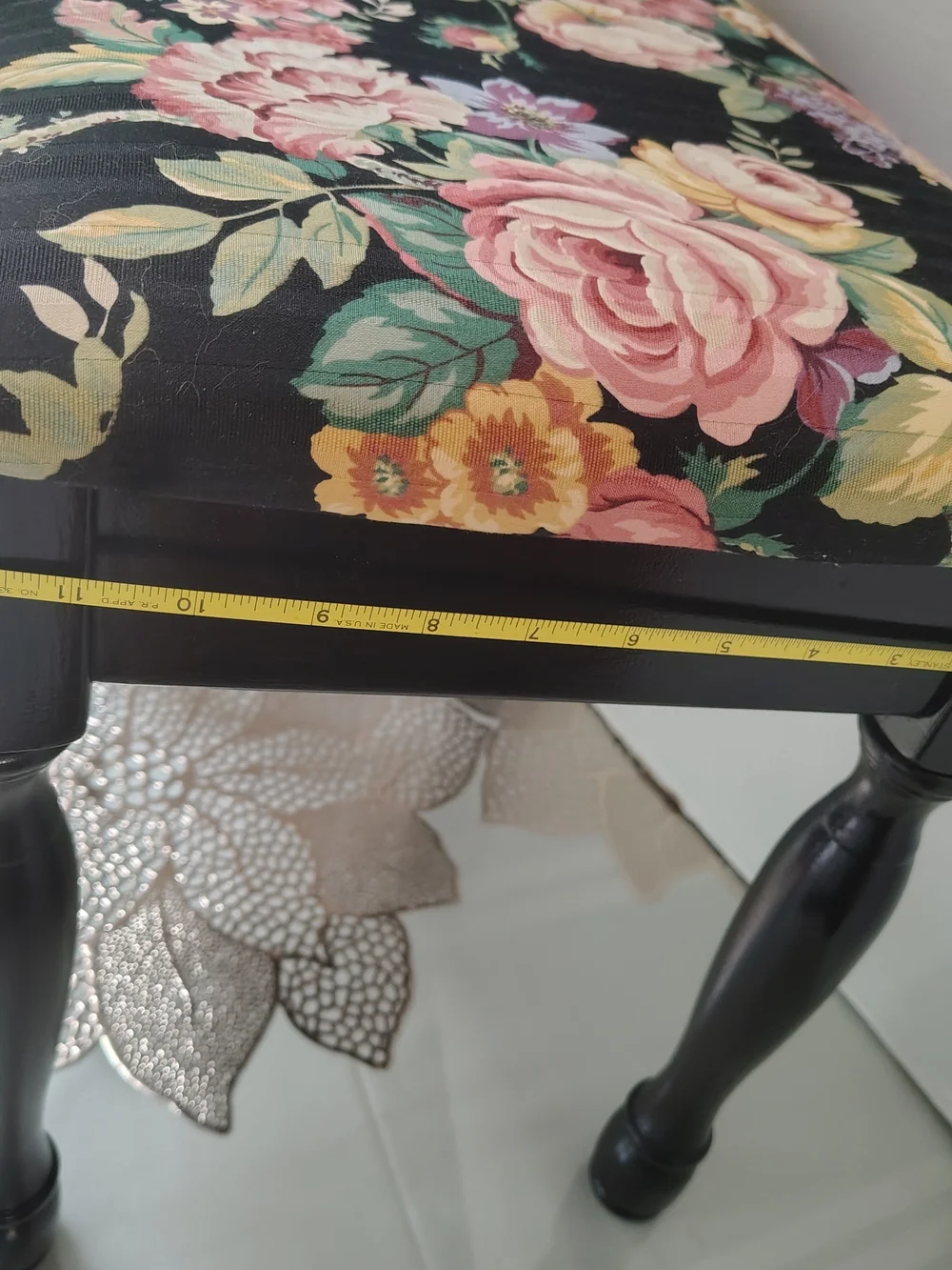 Vintage Floral Upholstered Accent Stool - Black Floral Storage 17